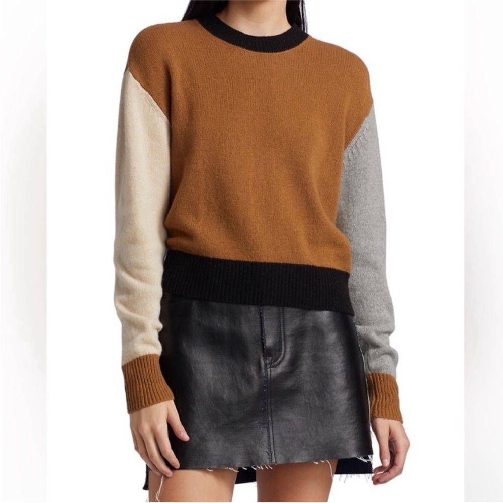 FRAME 100% Cashmere Colorblock Sweater Camel Brown Black Cream Grey small